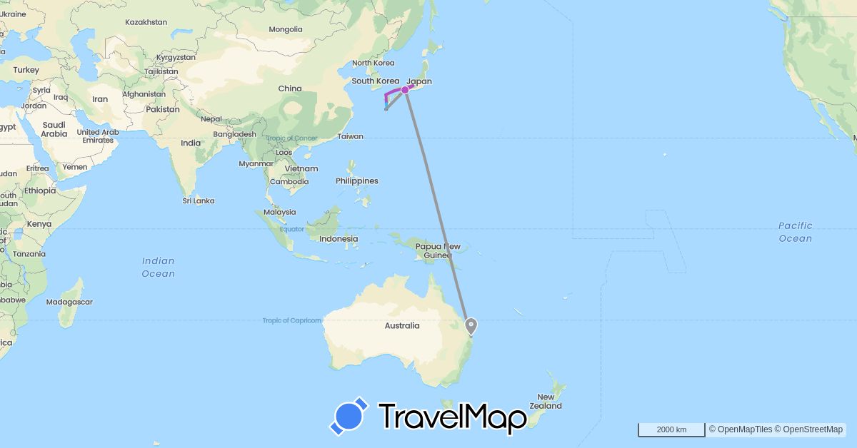 TravelMap itinerary: driving, plane, train, hiking, boat in Australia, Japan (Asia, Oceania)